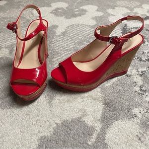 Franco Sarto Red Patent Leather Cork Sling Back Wedges